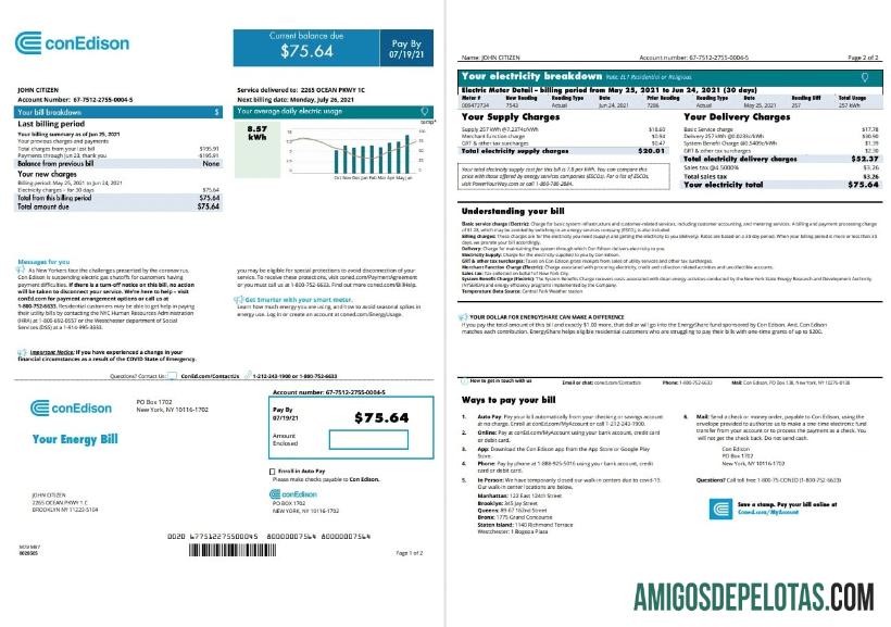 imprimível Modelo de conta de serviços públicos USA Con Edison em formato Word e PDF, 2 páginas (abril de 2021 - presente)
